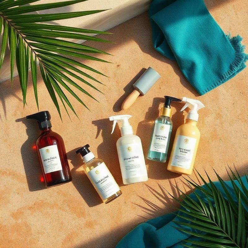 Flat lay de produtos de manutenção doméstica sobre superfície com acento teal